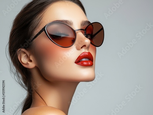Closeup of a glamorous female model with artistic makeup wearing funky sunglasses with red lipstick
