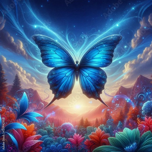 Majestic blue butterfly in a fantasy landscape at sunset