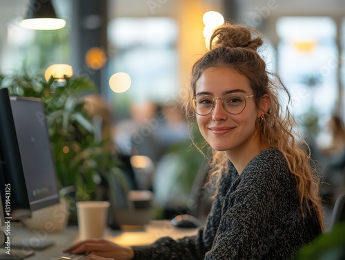 Front view woman freelancer sitting living working on laptop in a cafe