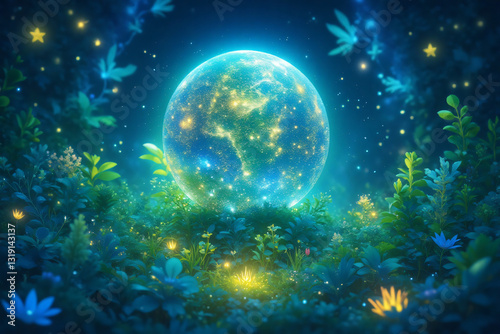 Green glowing planet earth - Harmony of nature , green planet , sustain environment