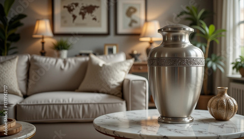 Brushed silver cremation urn on marble table in cozy living room