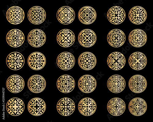 Vector Set of different gold ornaments in Kazakh style isolated on a black background. Round decor in two variant the positive and negative. Elements of the national pattern of the ancient nomads