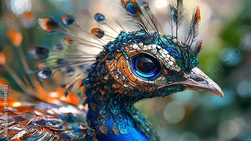 Elegant peacock portrait displaying iridescent plumage and intricate feather detail, majestic bird