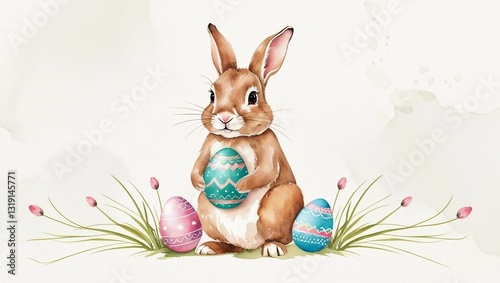 Watercolor Easter card with cute rabbit holding decorated egg
