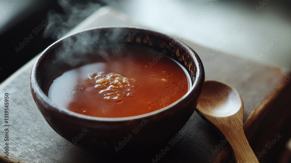 A bowl of rich tomato soup with rustic spoon, enhanced by natural light for an editorial style A bowl of rich tomato soup with rustic spoon, enhanced by natural light for an editorial style