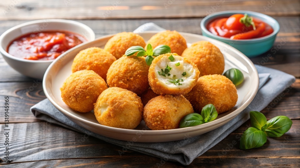 Crispy Fried Cheese Balls with Creamy Filling and Spicy Dipping Sauce on Rustic Wooden Table Crispy Fried Cheese Balls with Creamy Filling and Spicy Dipping Sauce on Rustic Wooden Table