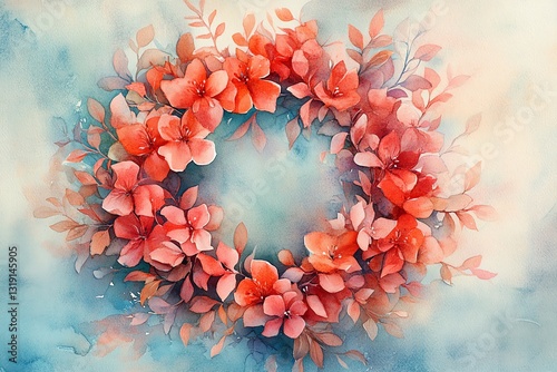 Watercolor Floral Wreath: Delicate Coral Blooms in Serene Hues