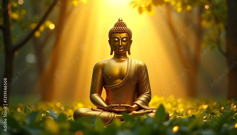 Obraz premium Golden Buddha Meditating Under Sacred Bodhi Tree with Divine Light