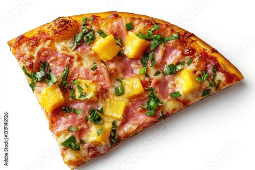 Slice of Hawaiian pizza, realistic style, vibrant colors, food photography concept photo