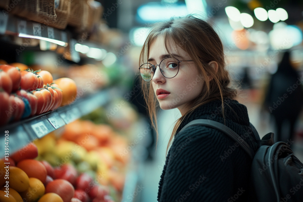 Obraz premium Young woman with glasses shopping for fresh produce at grocery store girl food real photo image daily