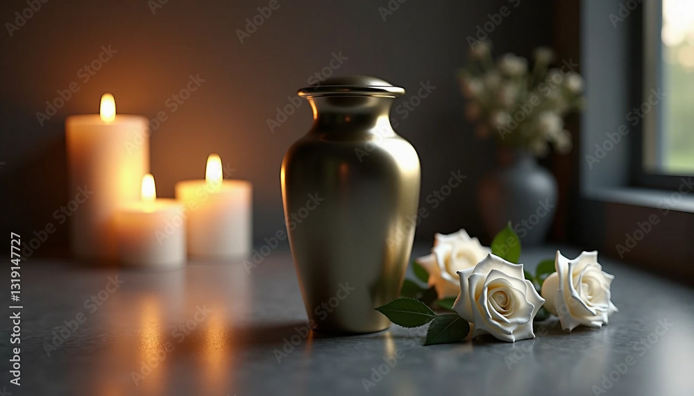 Obraz premium Modern cremation urn with white roses and candlelight in dim room
