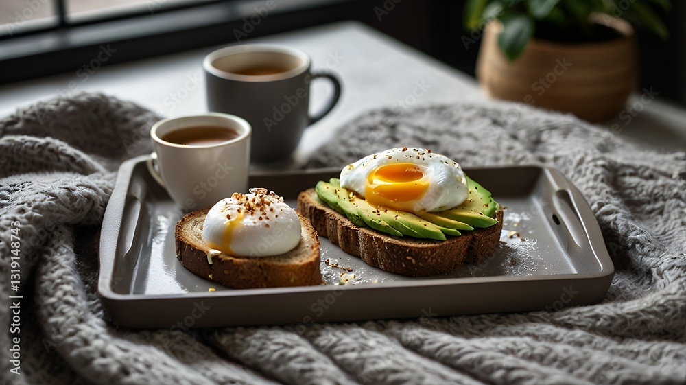 Avocado toast and cappuccino – tray with whole-grain toast with avocado and poached egg, cup of cappuccino with foam, fresh flowers, cozy gray blanket, soft lighting. Avocado toast and cappuccino – tray with whole-grain toast with avocado and poached egg, cup of cappuccino with foam, fresh flowers, cozy gray blanket, soft lighting.