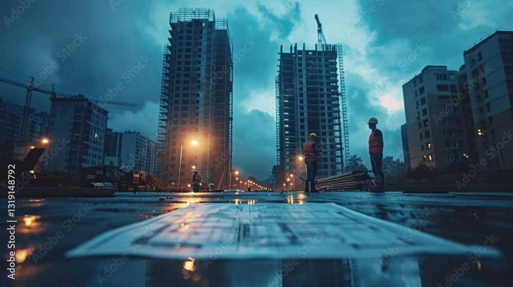 Obraz premium Night Construction Site: Workers Contemplating Blueprints Under City Skyline