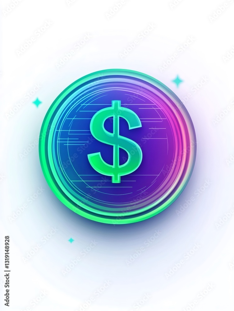 Fototapeta premium Green dollar symbol glowing inside vibrant coin representing digital currency and fintech innovation