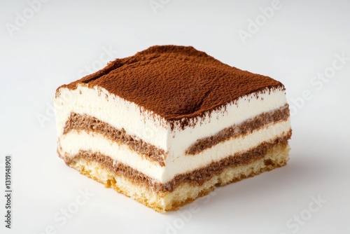 Tiramisu slice, macro photography, creamy brown colors, Italian dessert concept photo