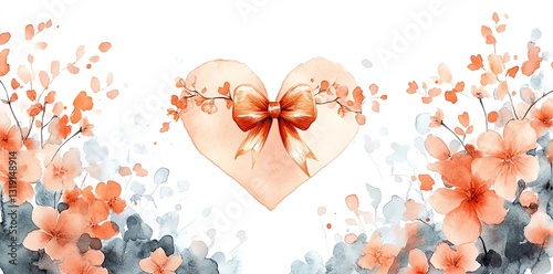 Watercolor Heart with Bow and Peach Blossoms: Romantic Floral Art