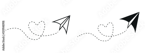 Paper airplane with dotted line. Travel with holiday symbol set. Paper airplane and love dotted line png and vector illustration on transparent background.