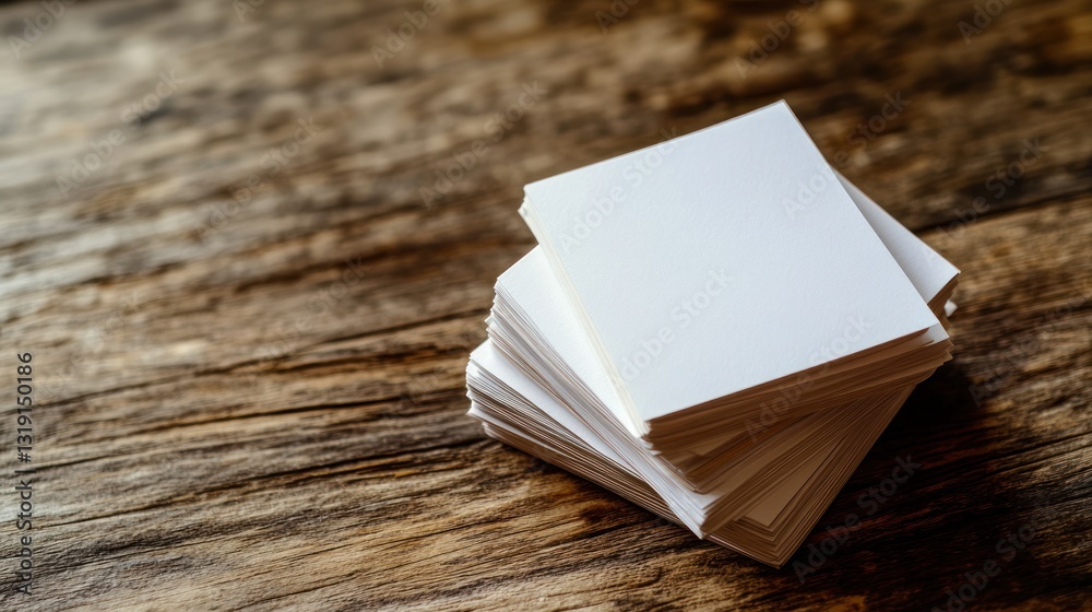 Fototapeta premium Blank White Cards Stacked on Rustic Wooden Surface