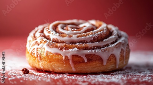 A delectable cinnamon bun adorned with glossy, white icing that cascades elegantly down its sides, resting beautifully on a vibrant red surface photo