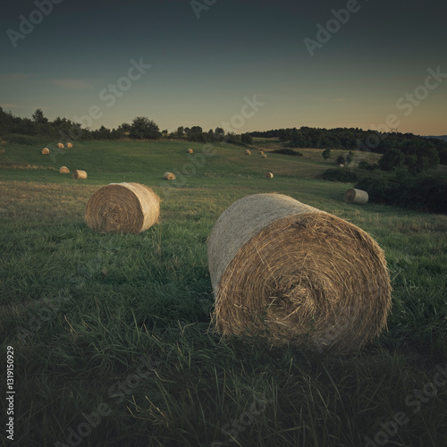 Bottes de foin au crépuscule