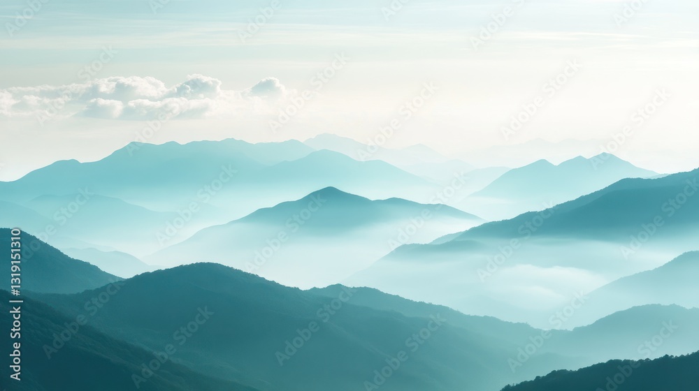 Misty mountain range landscape, serene vista, tranquil scene, suitable for wallpaper or nature-themed decor Misty mountain range landscape, serene vista, tranquil scene, suitable for wallpaper or nature-themed decor