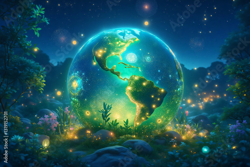 Green glowing planet earth - Harmony of nature , green planet , sustain environment