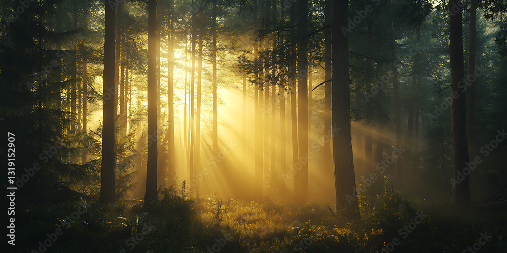Fototapeta premium Golden Sunlight Filtering Through Tall Pine Trees in a Peaceful Forest for a Serene Escape