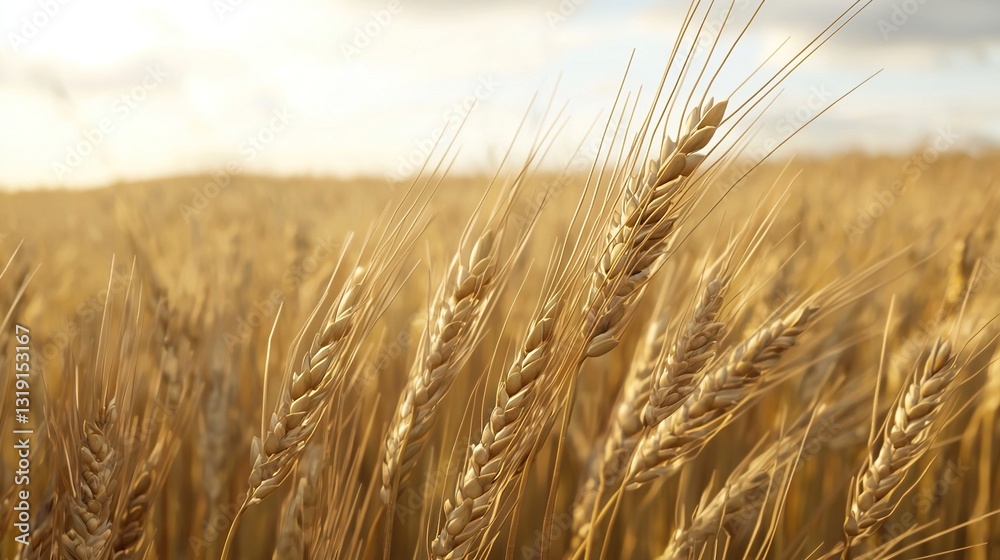 A close-up of golden wheat stalks swaying in the breeze, with detailed grains and textures, capturing the beauty and depth of nature during the harvest season, set against a blurred expansive field. A close-up of golden wheat stalks swaying in the breeze, with detailed grains and textures, capturing the beauty and depth of nature during the harvest season, set against a blurred expansive field.
