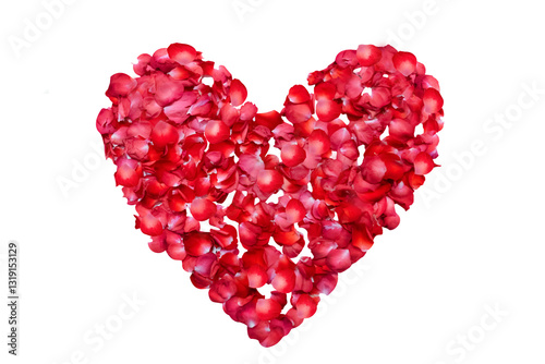 The heart is a shape of red rose petals isolated on a white background. A symbol of love and relationships, Valentine's day is the day. . A heart shape made from vibrant red rose petals, symbolizing