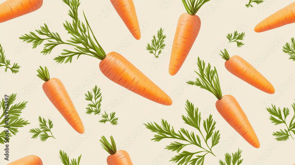 Seamless pattern of hand-drawn carrots and green leaves on a pastel background, perfect for food branding Seamless pattern of hand-drawn carrots and green leaves on a pastel background, perfect for food branding