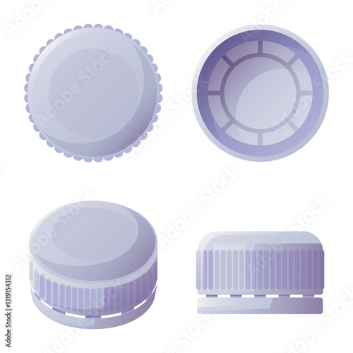 Bottle cap. Set of caps from different angles, top and bottom view, side view. Plastic caps for water containers. Recycling of plastic caps, plastic trash. Vector illustration on white background.