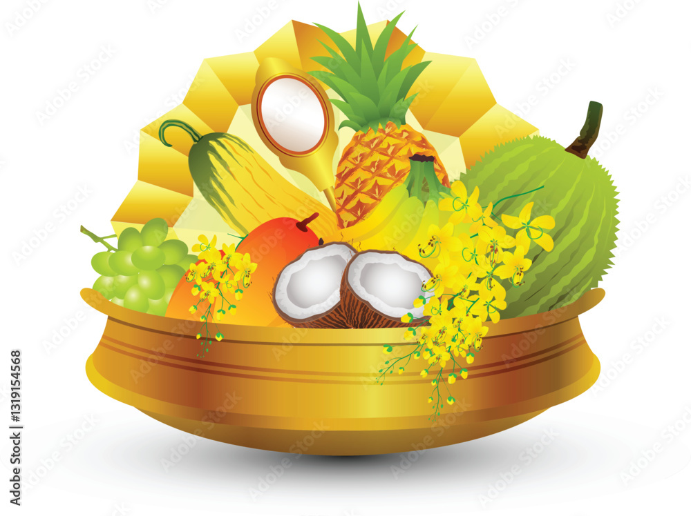Traditional Vishukkani Arrangement with Fruits and Kanikonna Flowers, Kerala Vishu Festival Vishukkani Vector Graphics