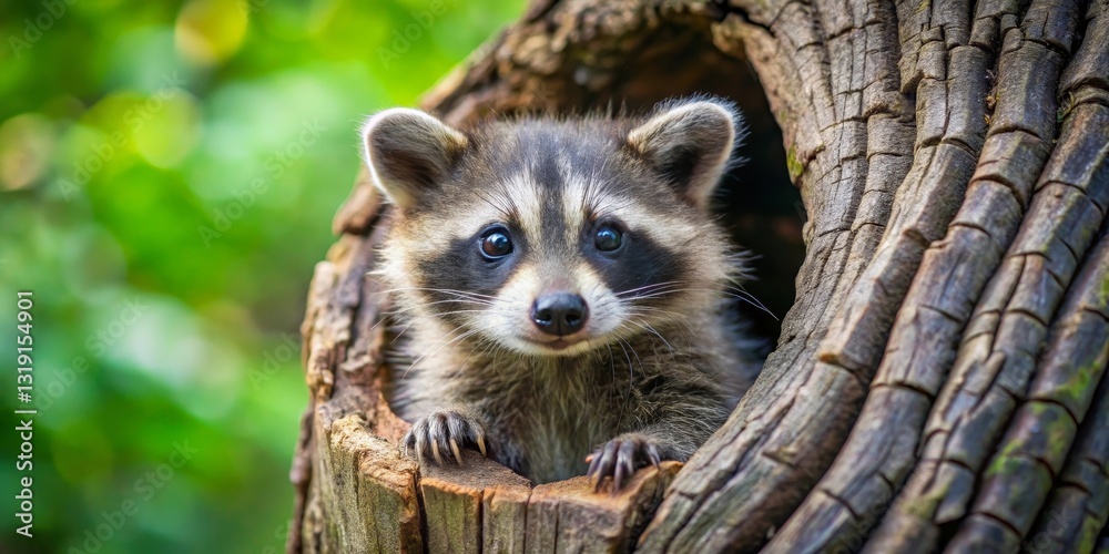 Obraz premium A Curious Baby Raccoon Peeking from its Tree Trunk Home in a Lush Green Forest