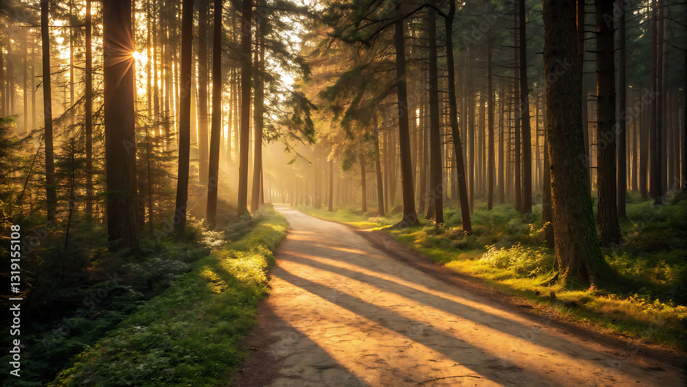 Fototapeta premium Enchanted forest path. serene forest path illuminated by golden hour light, surrounded by tall trees and soft shadows