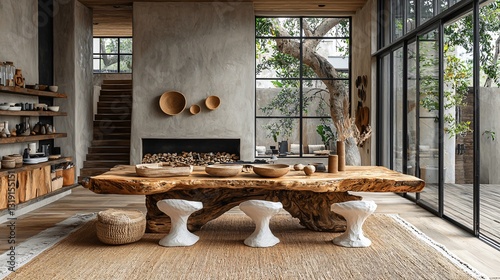 Modern Rustic Living Space with Unique Wood Table and Minimalist Decor in Bright Natural Light