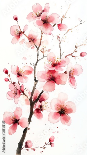 Delicate Pink Blossom Watercolor: Serene Spring Branch