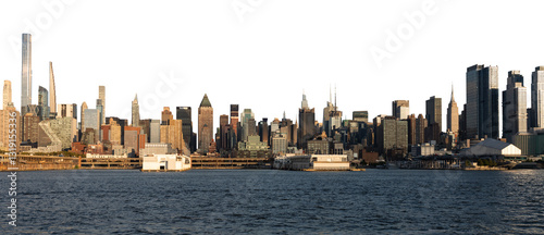 New York City skyline with modern skyscrapers and waterfront, isolated on a white background. Manhattan cityscape cutout for creative design or template use