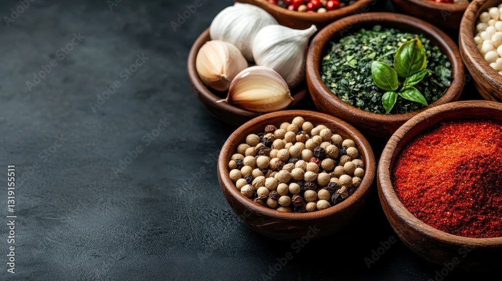 This image highlights an elegant arrangement of various herbs and spices in wooden bowls, alongside fresh garlic, creating a rich visual appeal for culinary enthusiasts. This image highlights an elegant arrangement of various herbs and spices in wooden bowls, alongside fresh garlic, creating a rich visual appeal for culinary enthusiasts.