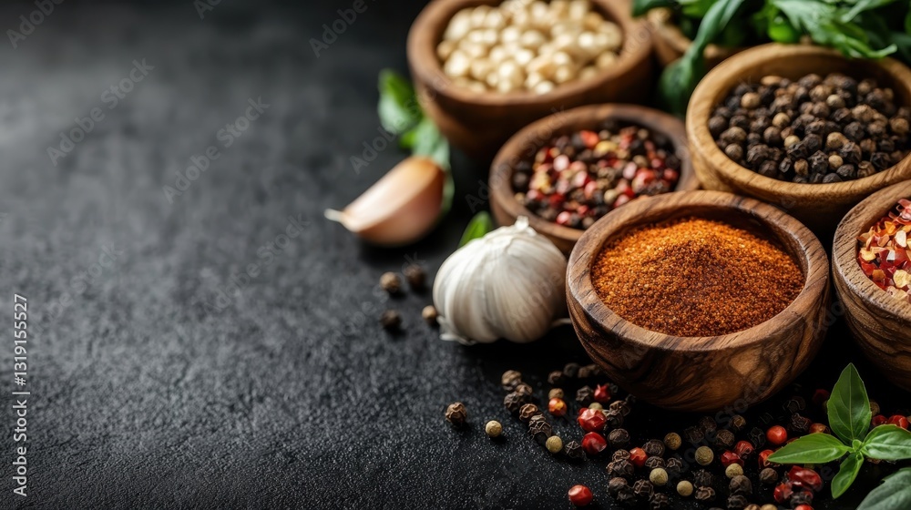 Fototapeta premium The dynamic interplay of colors represented by spices and garlic in wooden bowls against a dark backdrop, embodying culinary creativity and rich flavors.