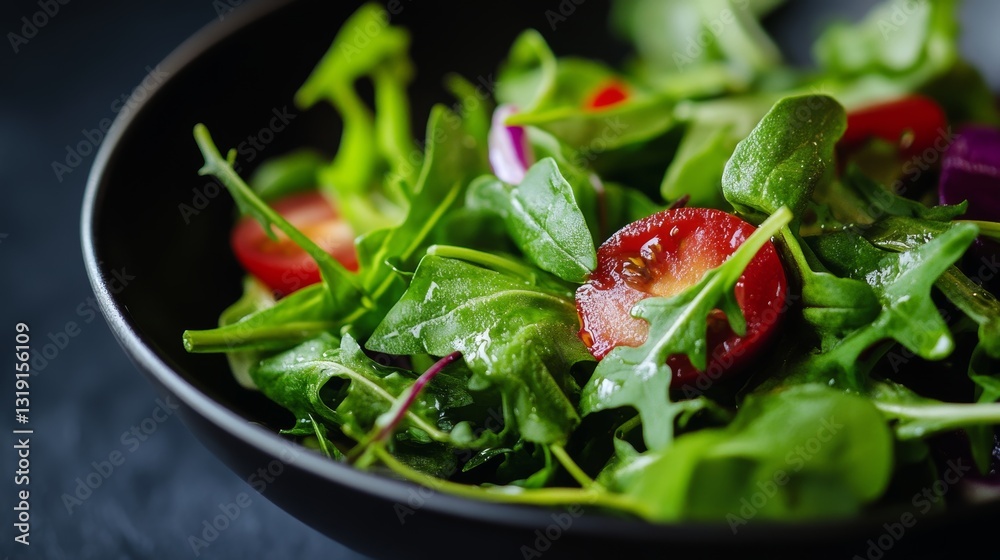 Closeup of fresh wet arugula salad in matte black bowl showcasing vibrant colors and texture Closeup of fresh wet arugula salad in matte black bowl showcasing vibrant colors and texture