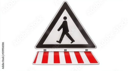 Black and White Pedestrian Crossing Warning Sign with Red and White Striped Base