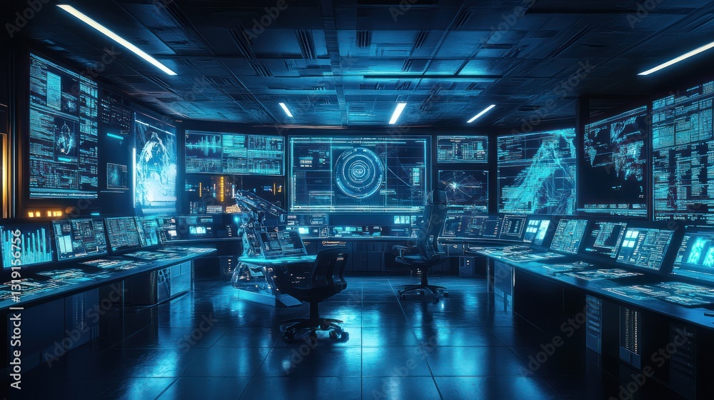 Fototapeta premium Futuristic surveillance center with numerous high-tech monitors displaying complex data visualizations