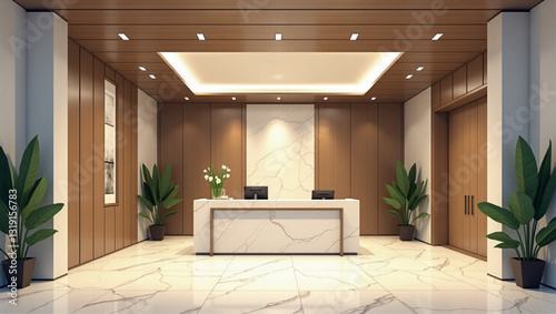 Modern Hotel Lobby Reception Area, Luxury Interior Design with Elegant Seating, Polished Floors, and Ambient Lighting, Business Travel Welcome, Contemporary Style Waiting Zone
