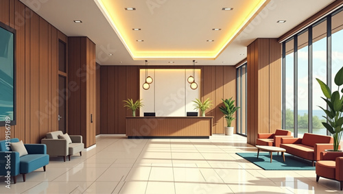 Modern Luxury Hotel Lobby Reception Area Vector Illustration, Elegant Interior Design, Warm Lighting, Contemporary Furniture, Upscale Hospitality Space, Clean Lines and Polished Surfaces