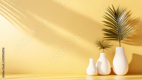 Elegant vases with palm leaves against yellow background create serene atmosphere. shadows add depth, enhancing minimalist decor