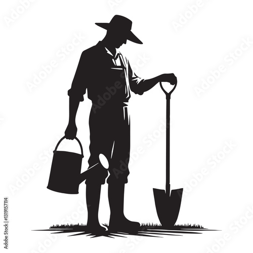 Sunrise Worker Farmer silhouette, tending to the fields at dawn - Farmer illustration - Minimalist Farmer vector - Profession silhouette
