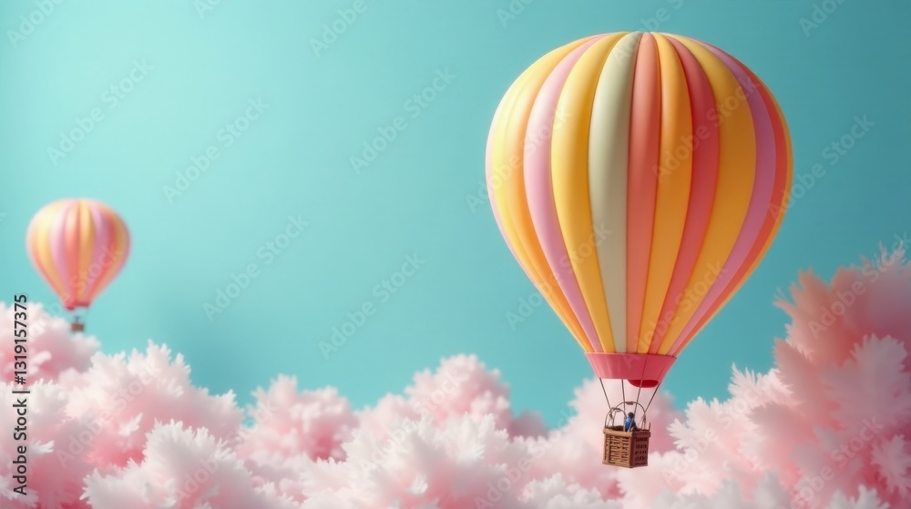 Fototapeta premium A whimsical journey above pastel cloudscapes in a vibrant hot air balloon, a delightful escape into serene skies