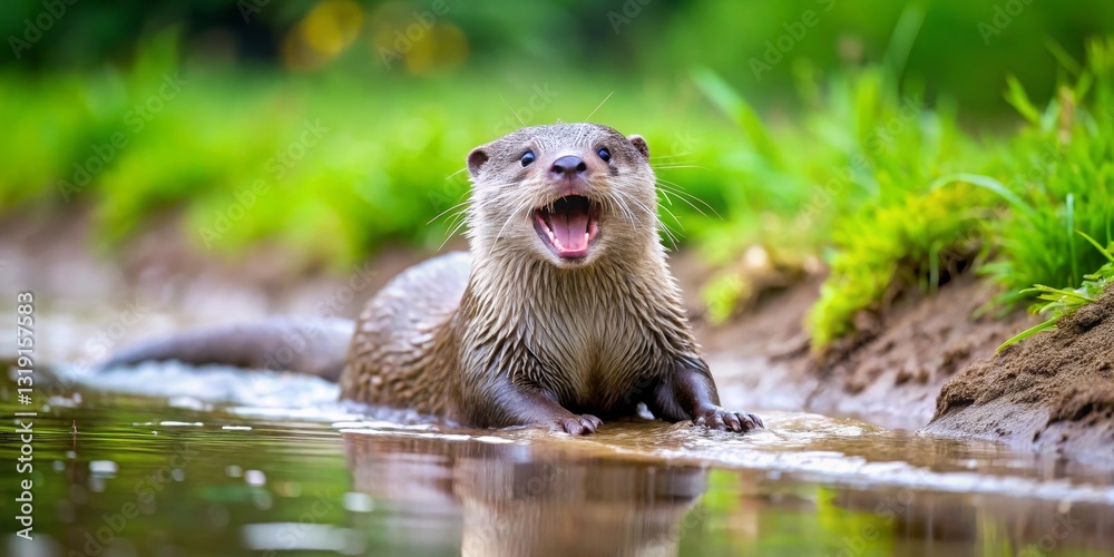 A playful otter emerges from the water, its mouth open in a joyful expression, surrounded by lush green vegetation. A playful otter emerges from the water, its mouth open in a joyful expression, surrounded by lush green vegetation.