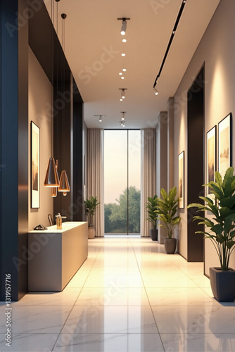 Modern Luxury Hotel Reception Area Vector Graphic Bright Open Lobby with Minimalist Design Stylish Furniture and Decorative Plants Elegant Interior Architecture for Hospitality Branding Projects