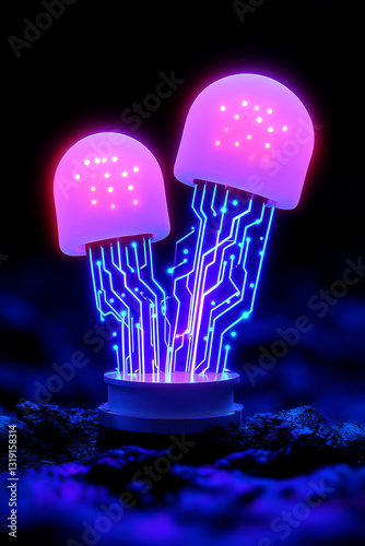 Neon cyber mushroom with glowing circuitry. Futuristic biotech mushroom, cybernetic evolution. Artificial life and digital organisms